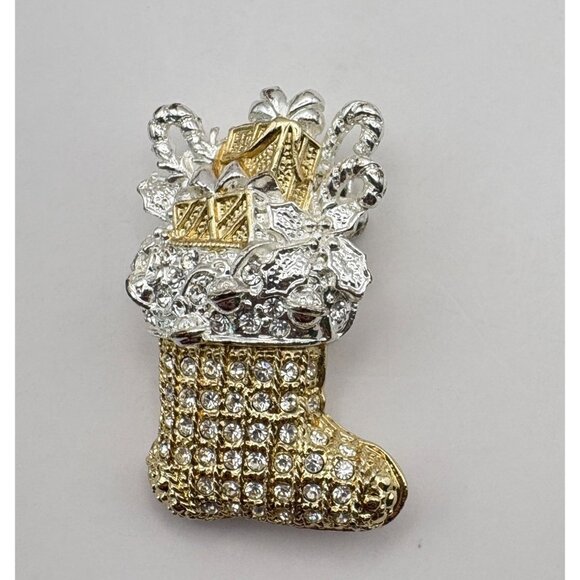 Gold Tone Christmas Stocking Brooch Rhinestone Pin ROMAN Festive Holiday - Picture 6 of 7